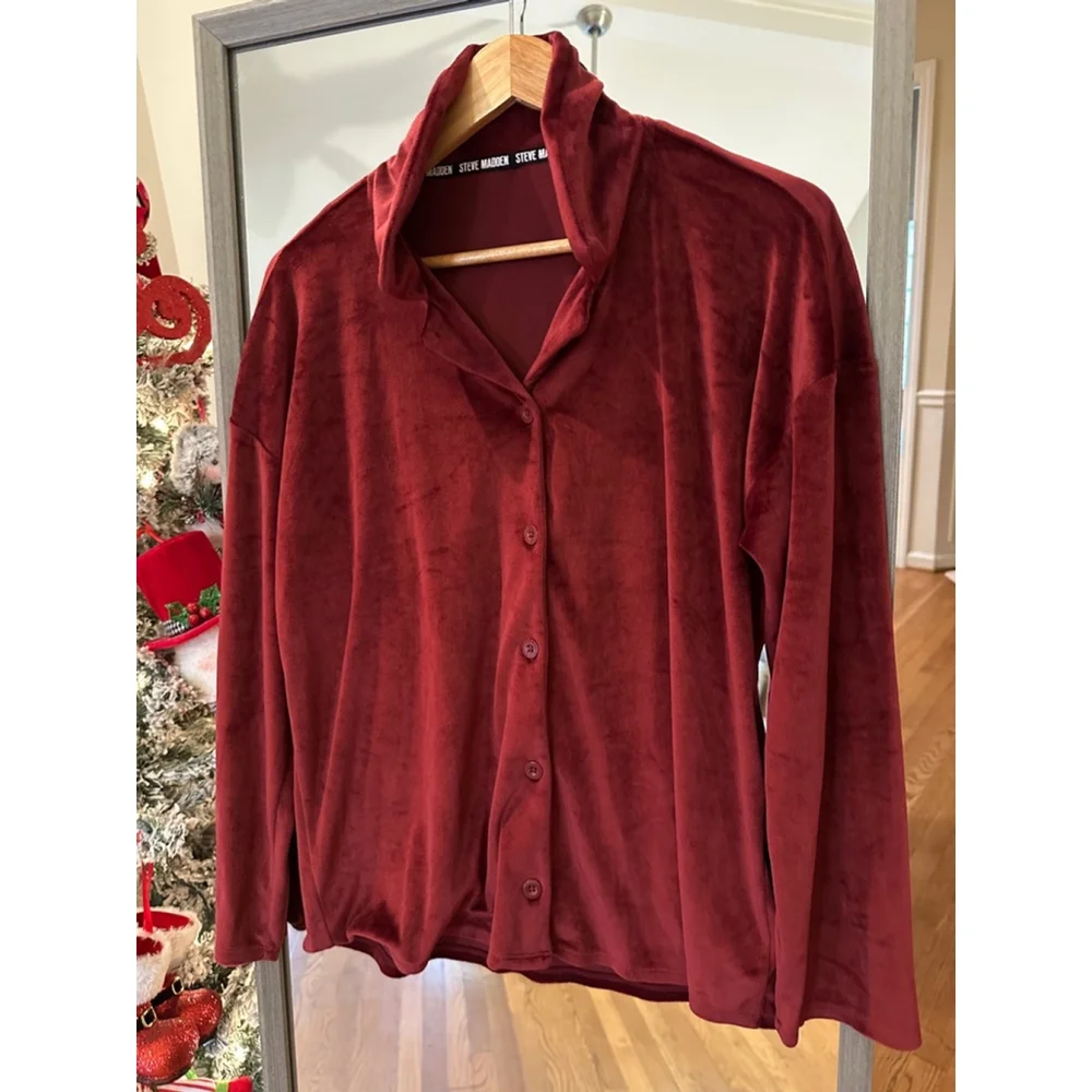 Steve Madden Velvet Button Up‎ Blouse Burgundy Medium